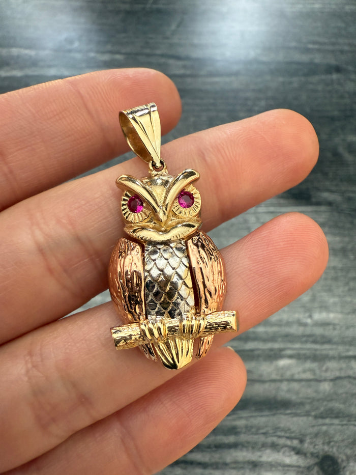 Tricolor 14K Gold Owl Pendant