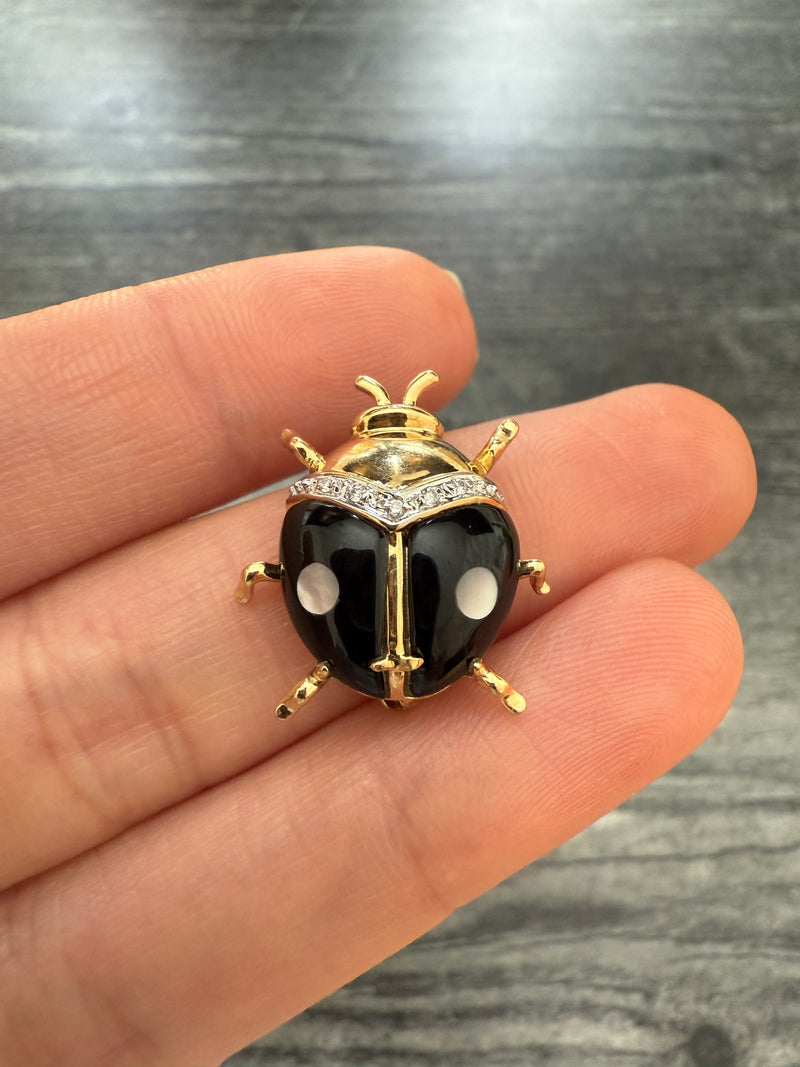 Vintage Onyx and Inlaid Mother of Pearl Ladybug Pin