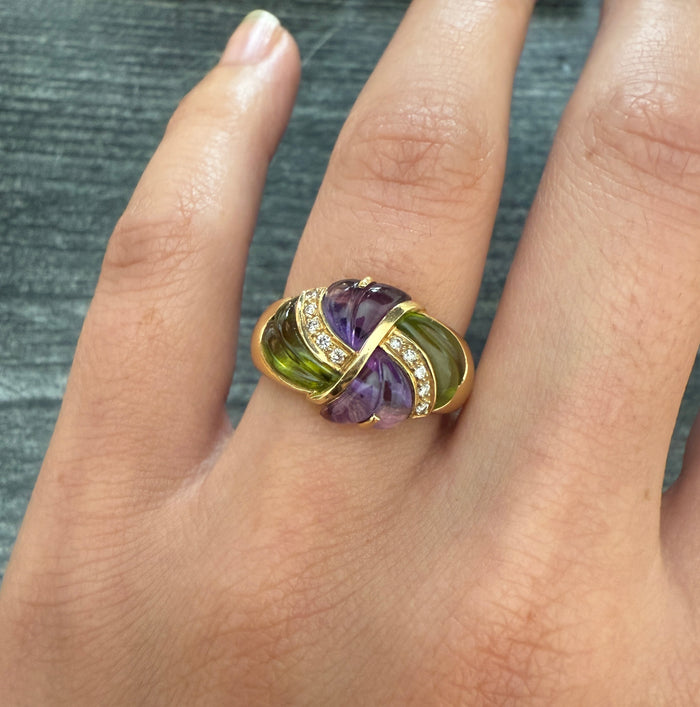 Carved Peridot and Amethyst Swirl Ring with Diamonds