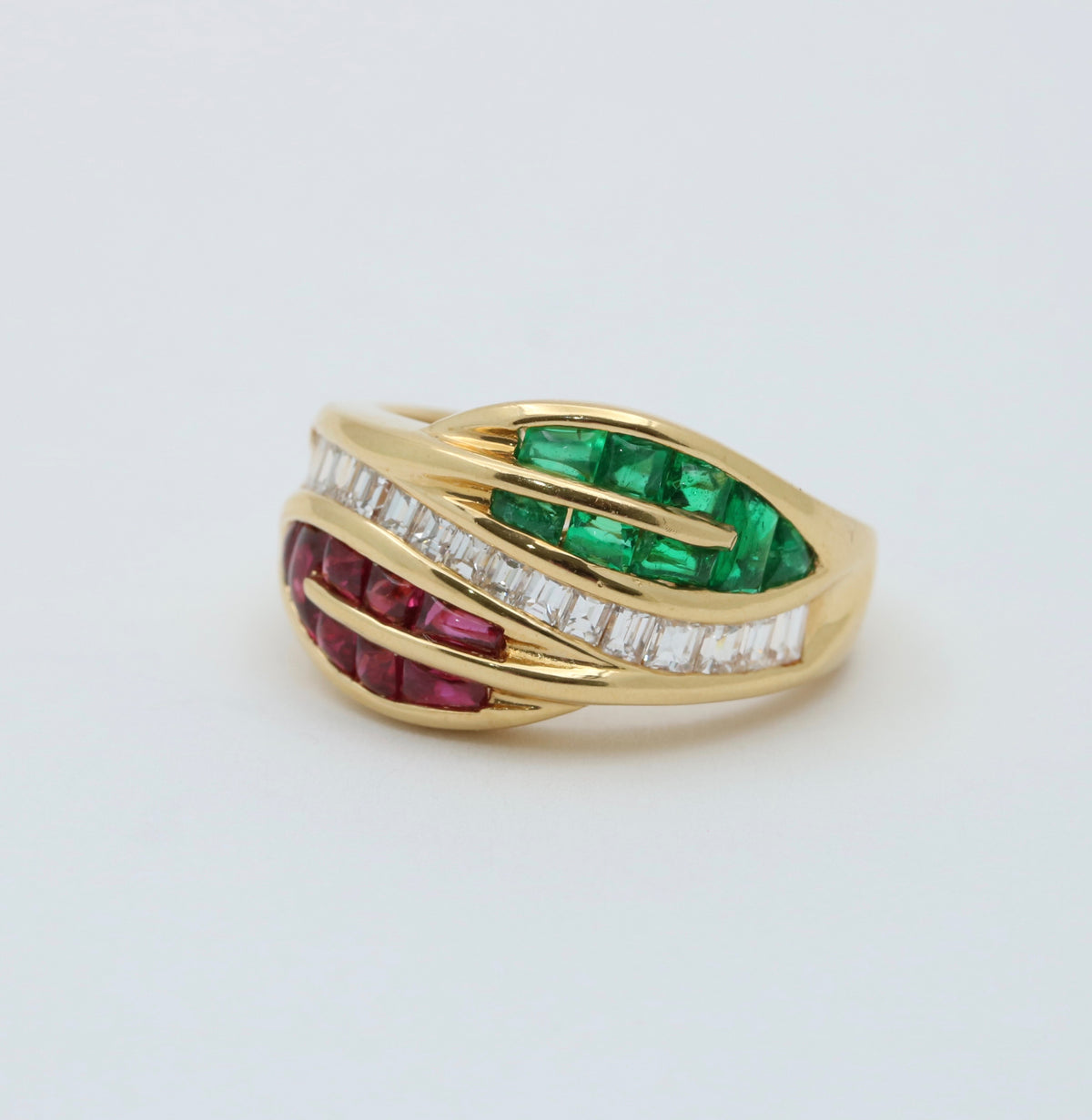 Natural Emerald, Ruby, and Diamond Leaf Ring
