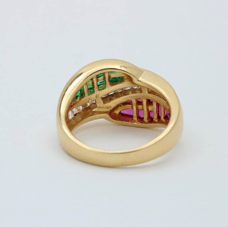 Natural Emerald, Ruby, and Diamond Leaf Ring