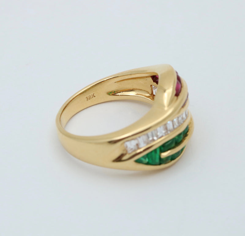 Natural Emerald, Ruby, and Diamond Leaf Ring