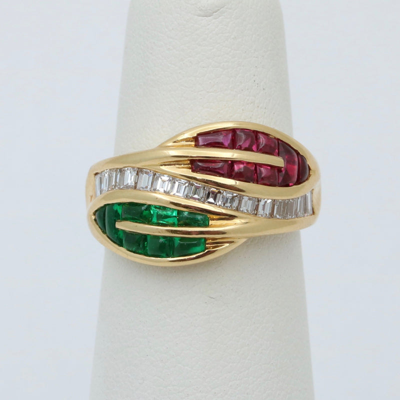 Natural Emerald, Ruby, and Diamond Leaf Ring