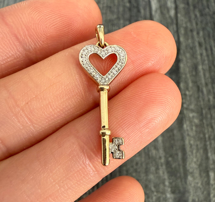 Diamond Open Heart Key Charm in 14K Gold