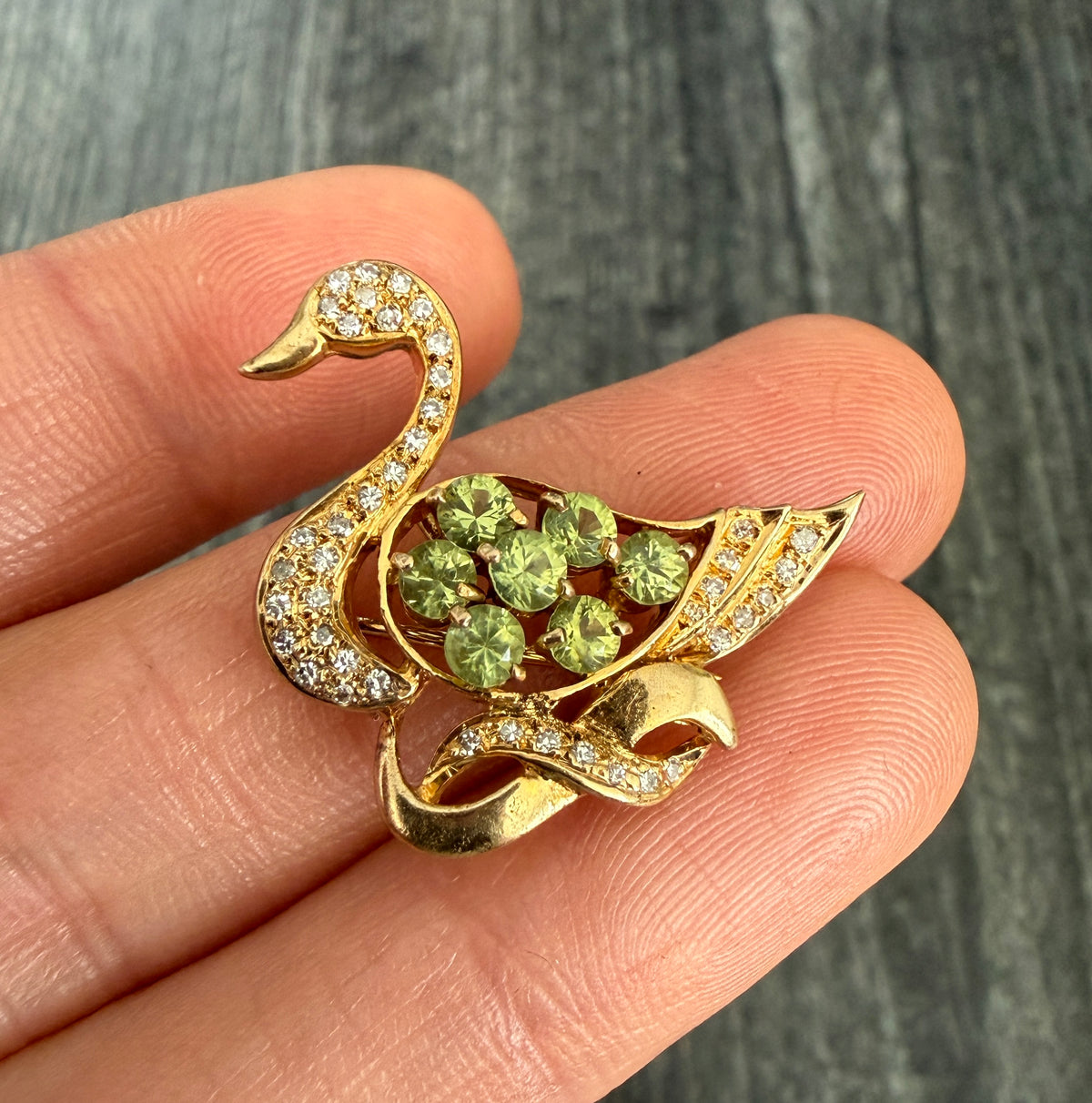 Diamond and Peridot Swan Pin and Pendant in 14K Gold