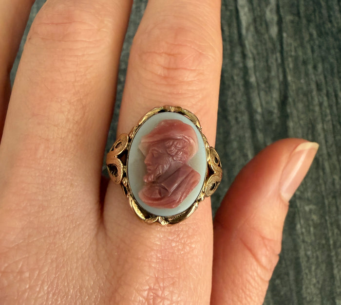 Antique Carved Hardstone Cameo and 10K Gold Filigree Ring