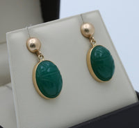 Vintage Carved Chrysoprase Scarab Dangling Earrings