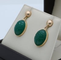 Vintage Carved Chrysoprase Scarab Dangling Earrings