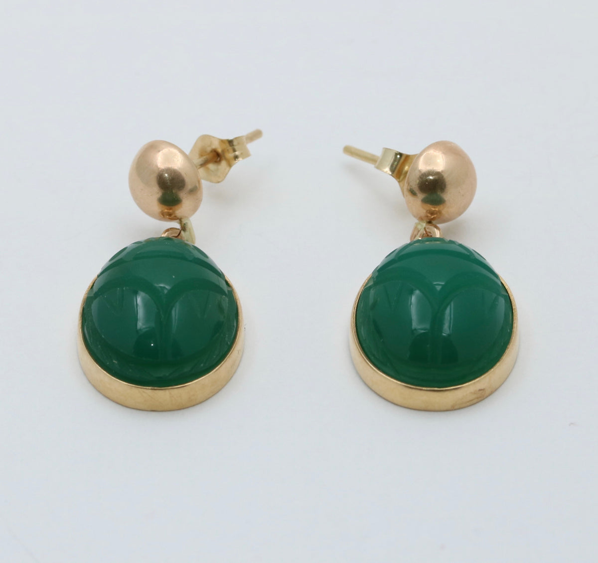 Vintage Carved Chrysoprase Scarab Dangling Earrings