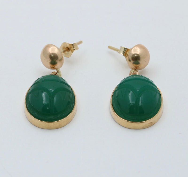 Vintage Carved Chrysoprase Scarab Dangling Earrings