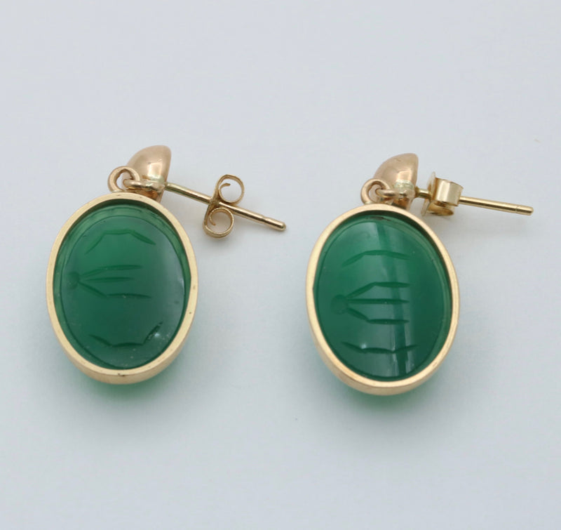 Vintage Carved Chrysoprase Scarab Dangling Earrings