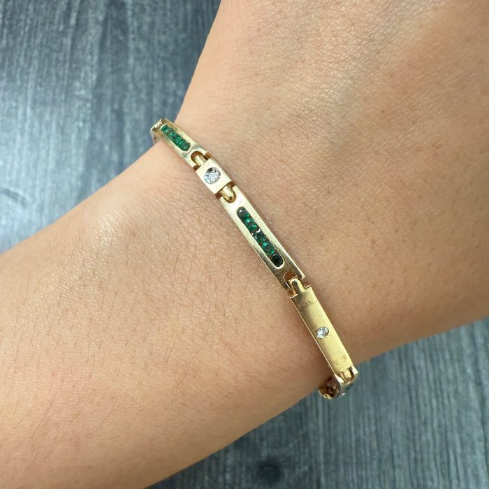 Emerald and Diamond Block Style Bracelet in 14K Gold