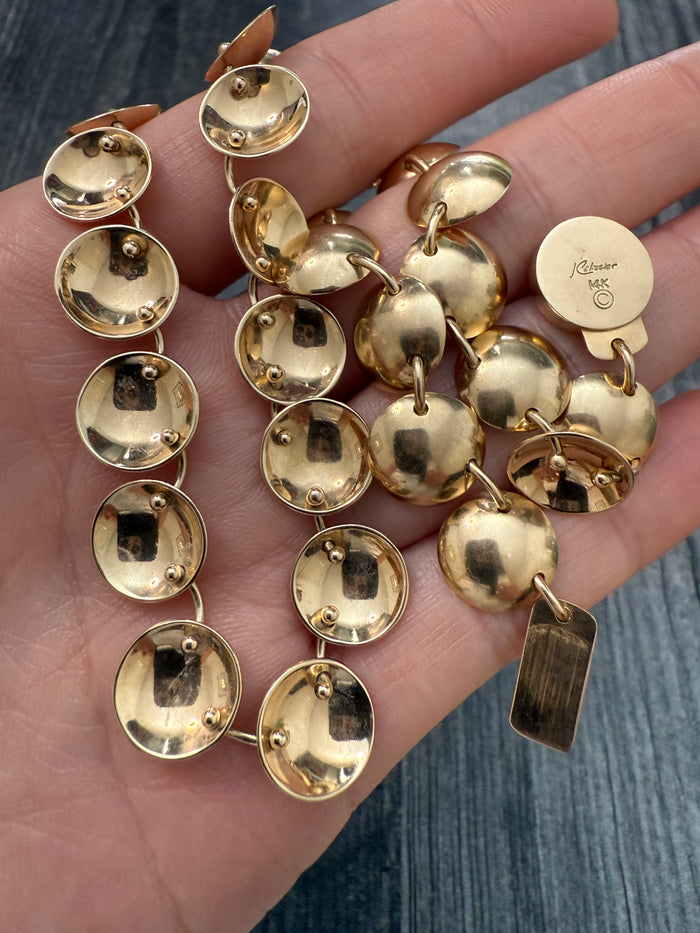 Vintage 14K Gold Concave Disc Necklace, 14.5" Long