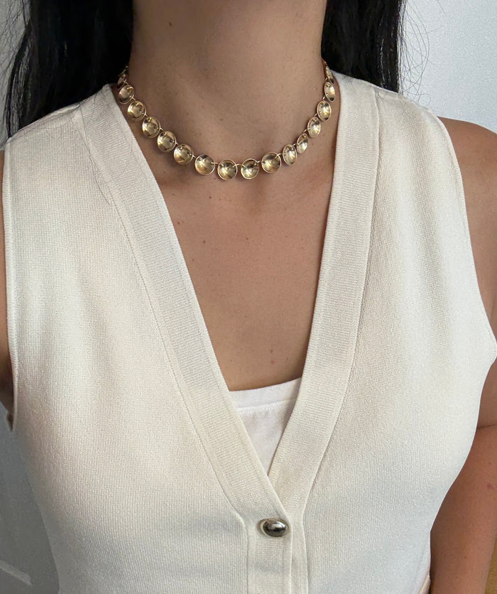 Vintage 14K Gold Concave Disc Necklace, 14.5" Long