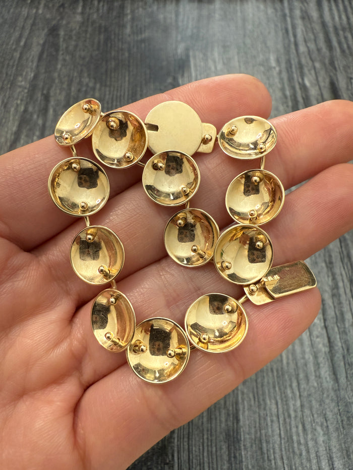 Vintage 14K Gold Concave Disc Bracelet, 7.2" Long