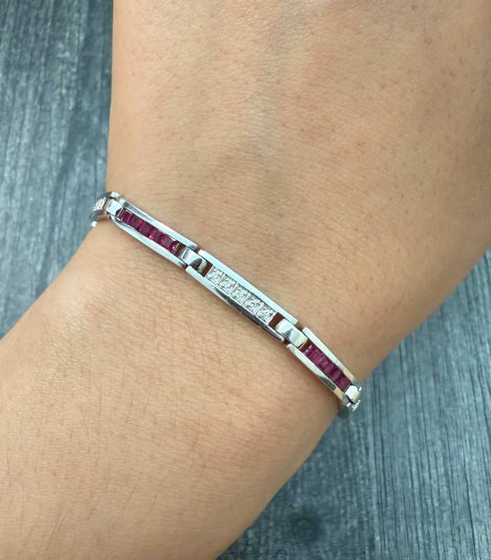 Ruby and Diamond Line Bracelet in 14K White Gold
