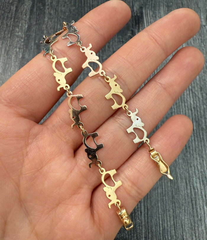 Tricolor 14K Gold Elephant Bracelet, 7.5" Long