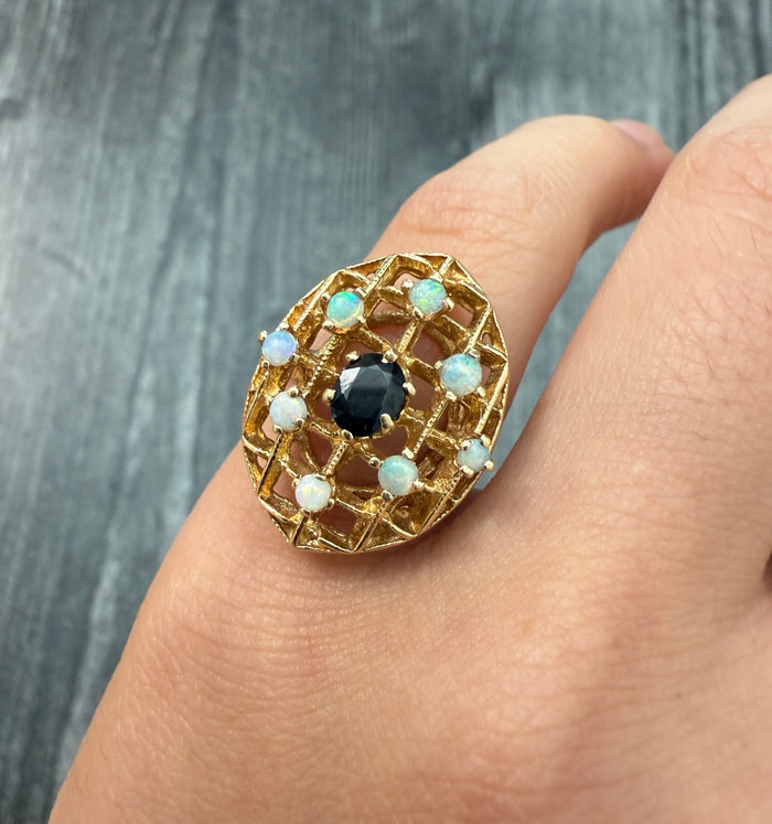 Opal and Sapphire Lattice Style Ring, 14K Gold