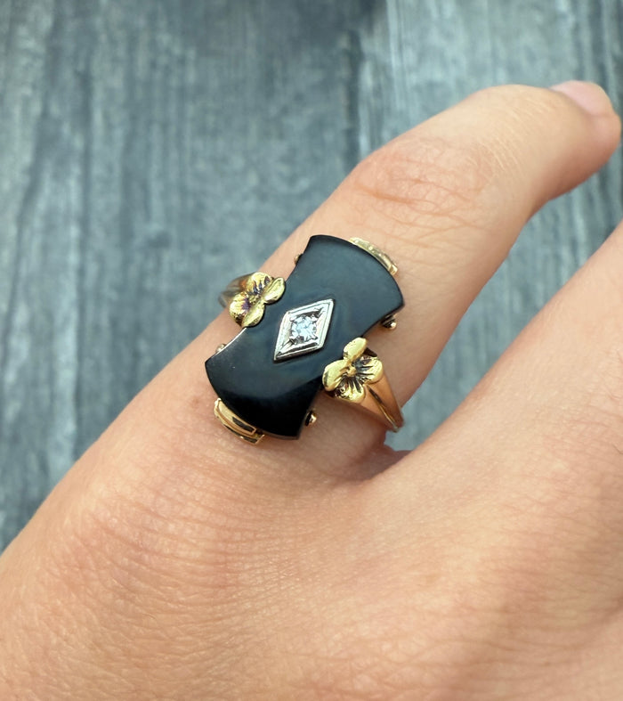 Art Deco Onyx and Diamond Hourglass Ring, 14K Gold