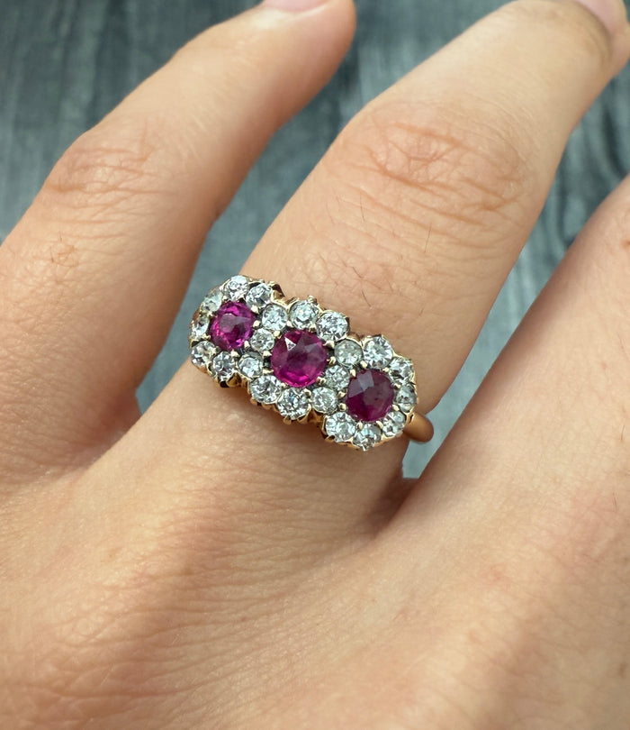 Antique Triple Ruby and Diamond Ring in 14K Gold