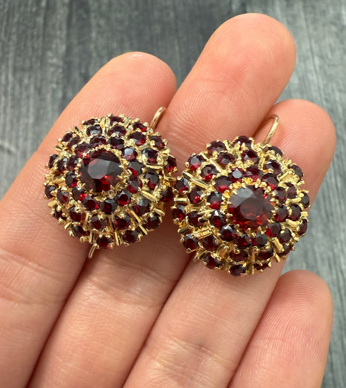 Fiery Garnet Cluster Earrings in 14K Gold