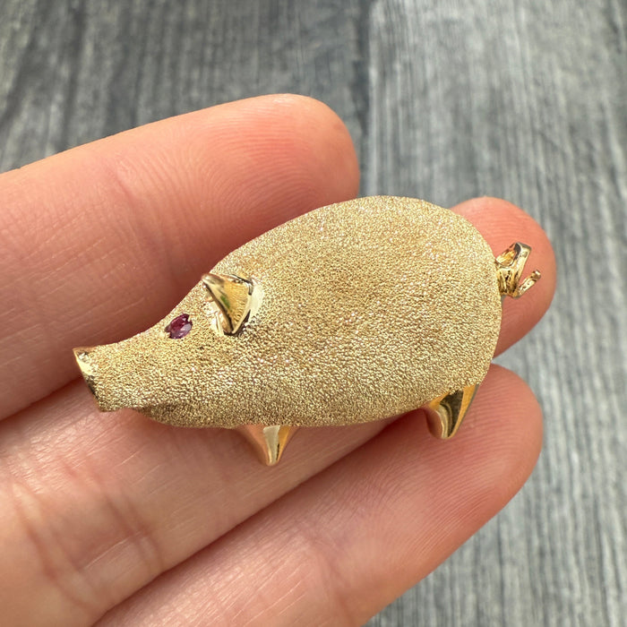 14K Gold Shimmery Pig Brooch and Pendant