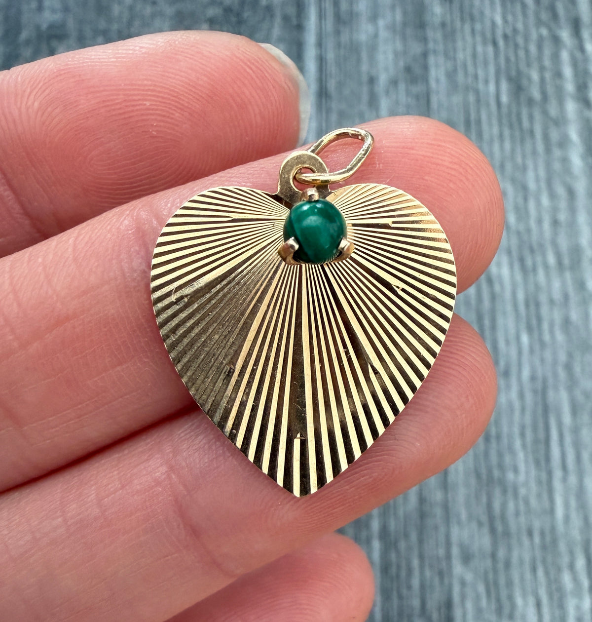 Vintage Malachite Engine Turned Heart Charm in 14K Gold