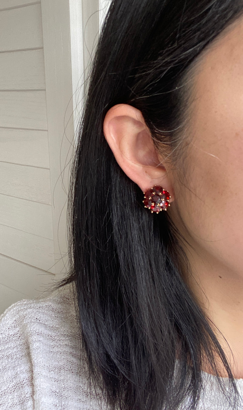 Vintage 11 Carat Garnet Cluster 18K Gold Dome Earrings