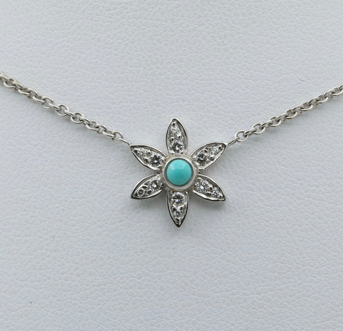 Turquoise and Diamond 18K White Gold Flower Necklace