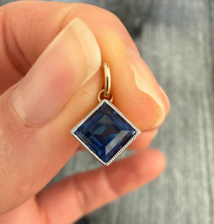 Art Deco Natural Sapphire and 14K Gold Square Cut Solitaire Charm