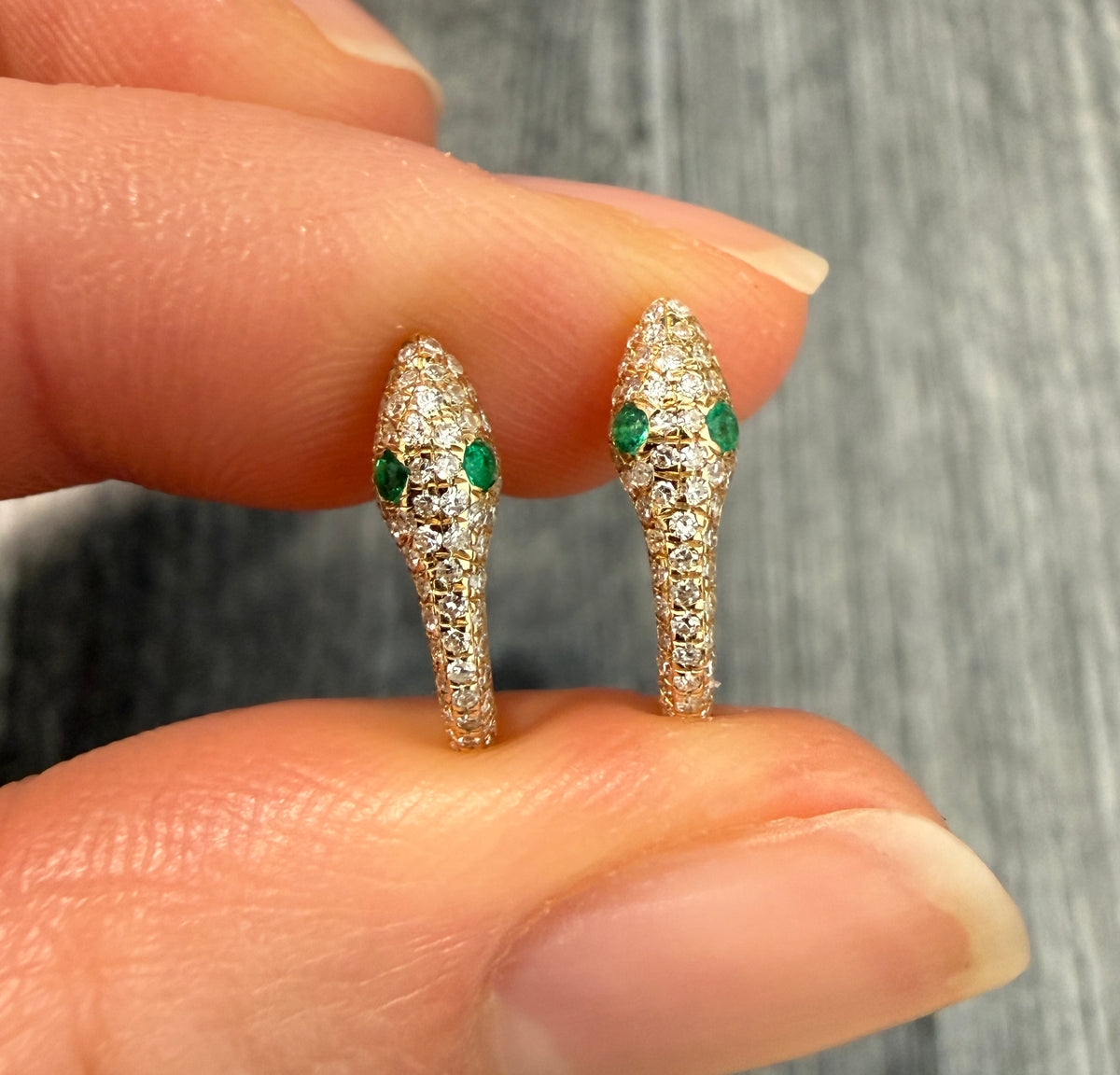 Diamond Pave and Emerald Snake Huggie Earrings