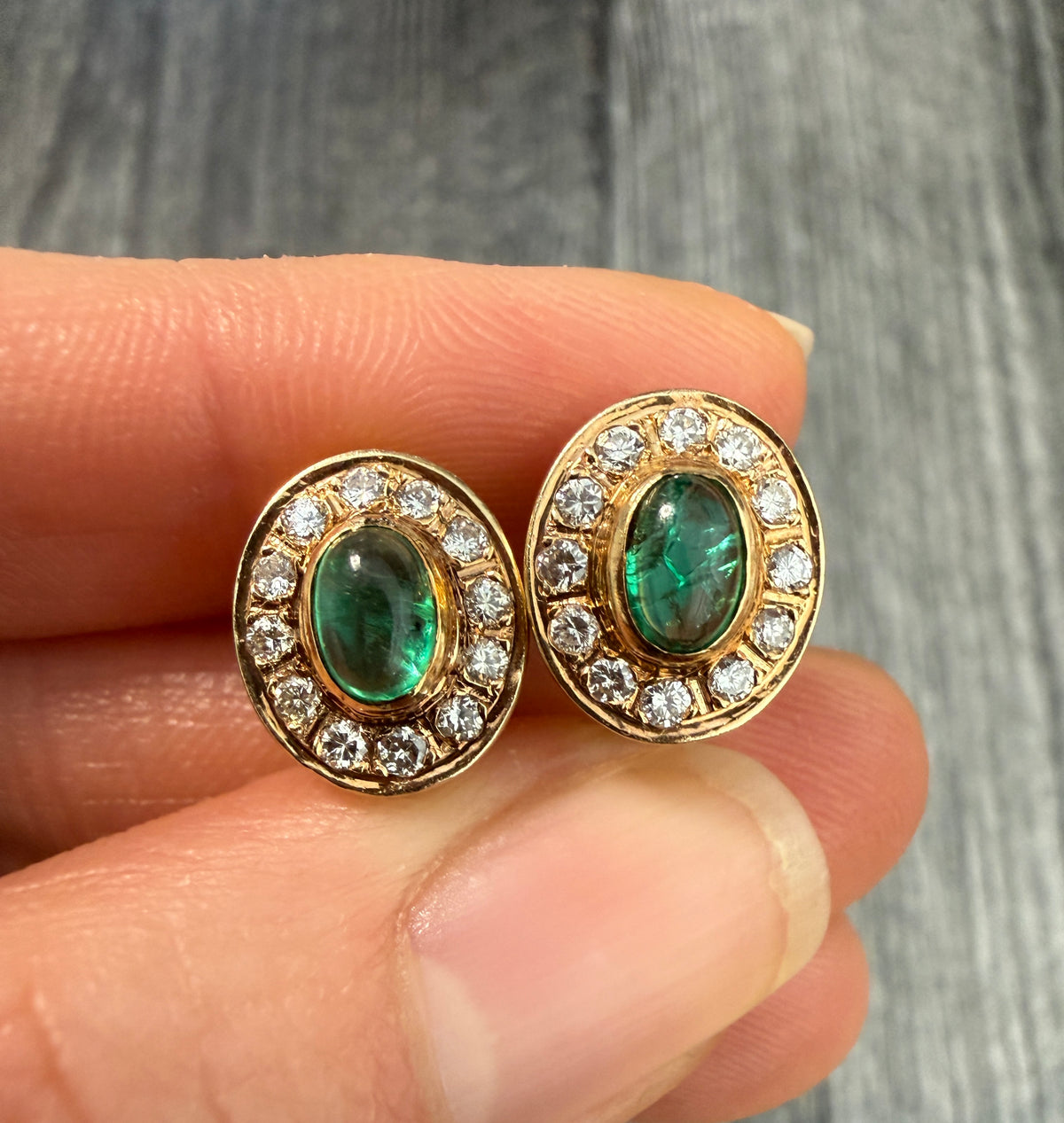 Cabochon Emerald and Diamond Halo Earrings in 14K Gold
