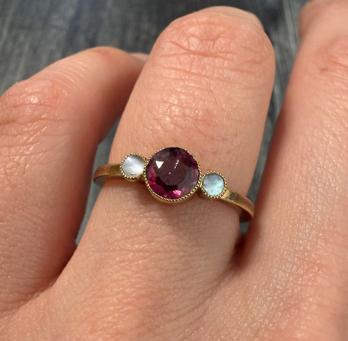 Three Stone Purplish Red Garnet and Pearl Ring