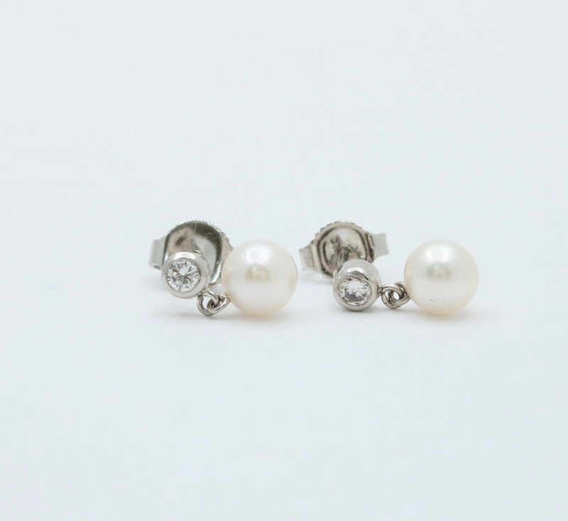 Small Pearl and Diamond Dangle Earrings, 18K Gold