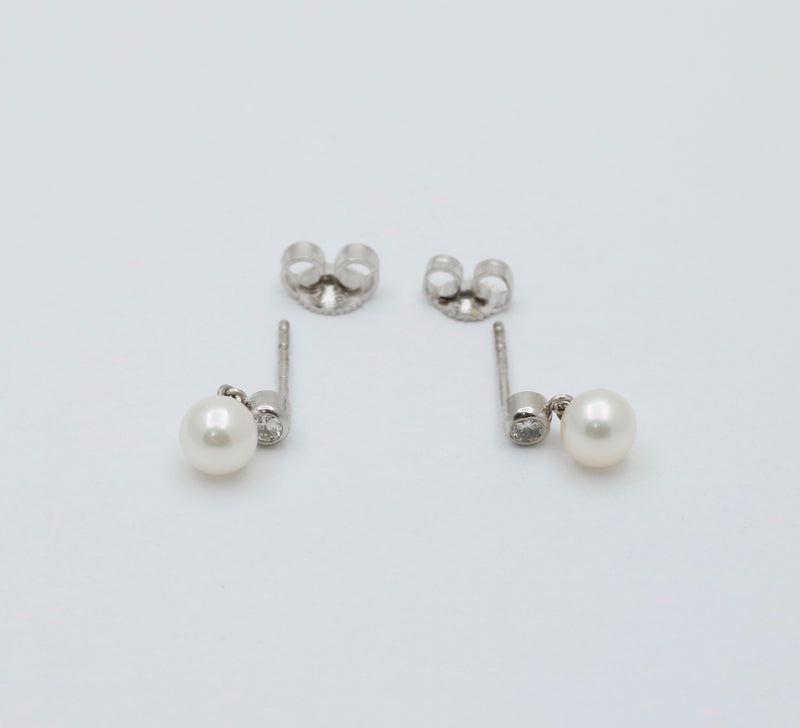 Small Pearl and Diamond Dangle Earrings, 18K Gold