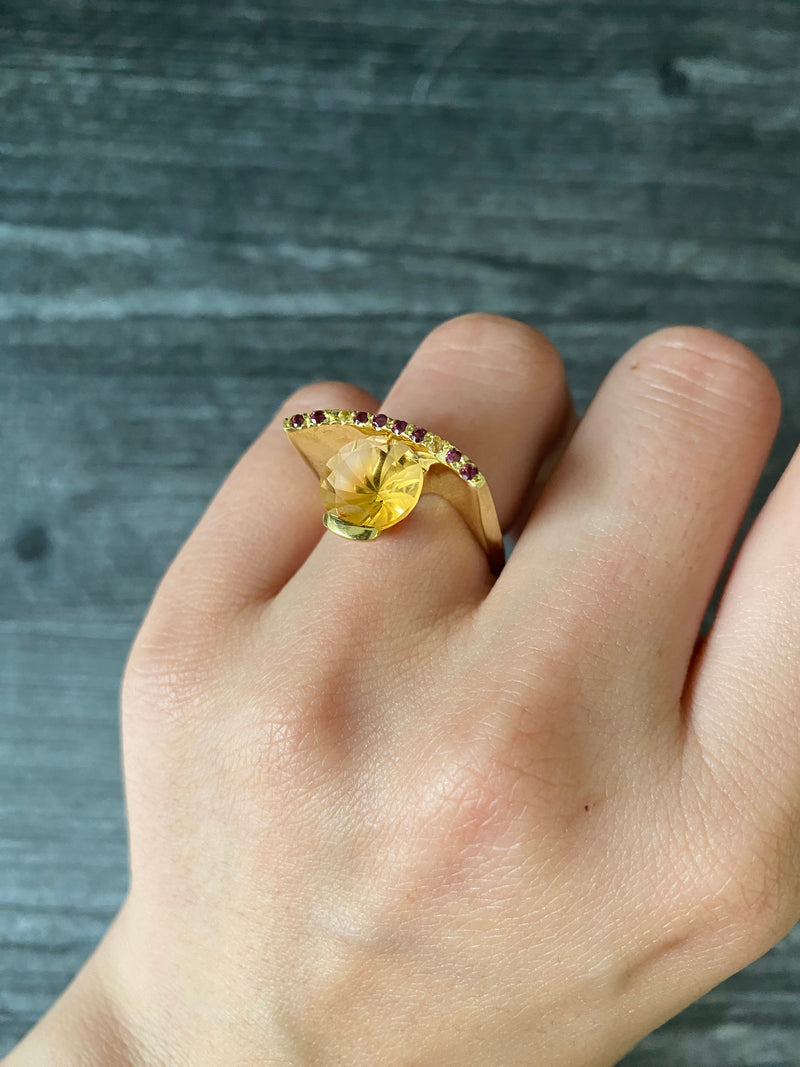 Contemporary Fancy Cut Citrine, Ruby, and Diamond Ring