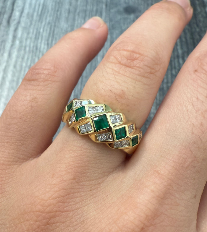 Square Cut Emerald and Diamond Band in 18K Gold