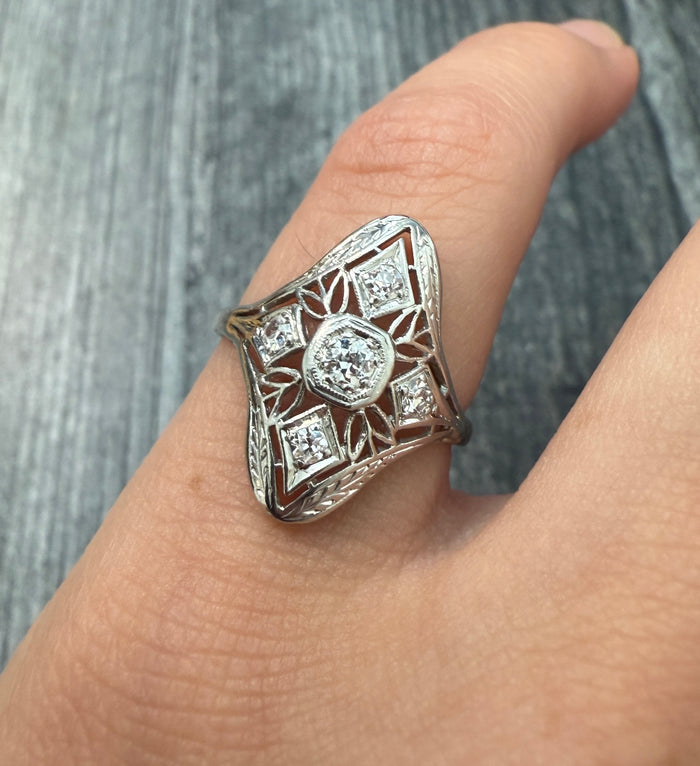 Edwardian Diamond and Filigree Platinum Navette Ring