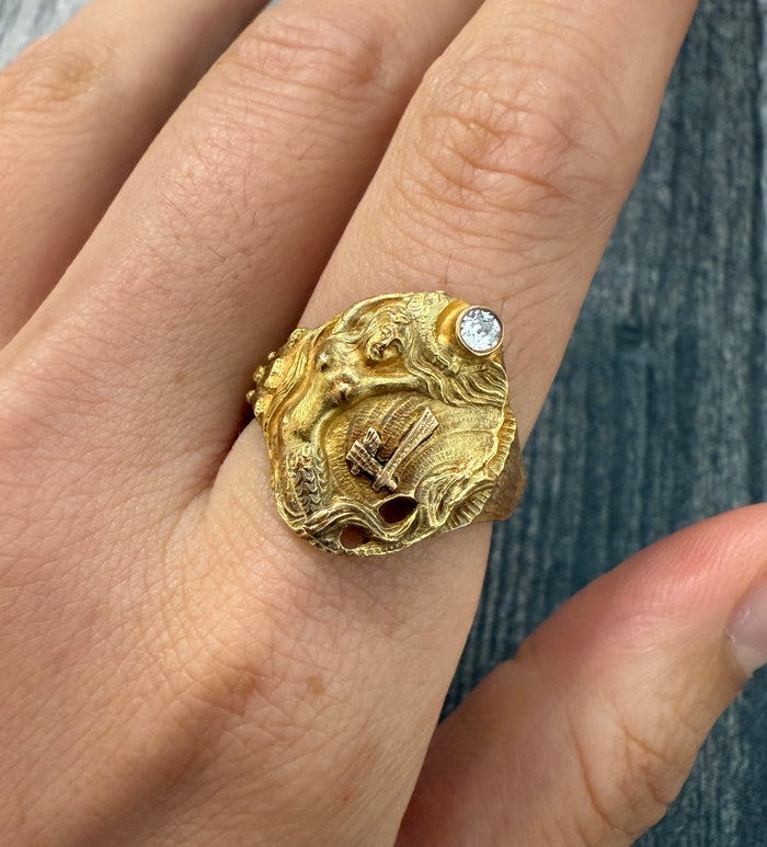 Art Nouveau Mermaid and Initial "J" Ring in 14K Gold