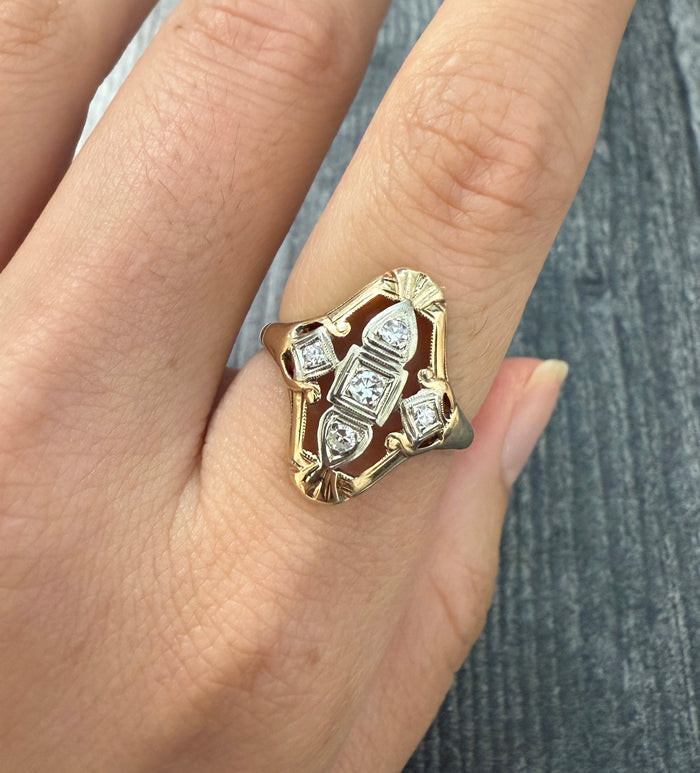 Art Deco Diamond and 14K Gold Navette Ring