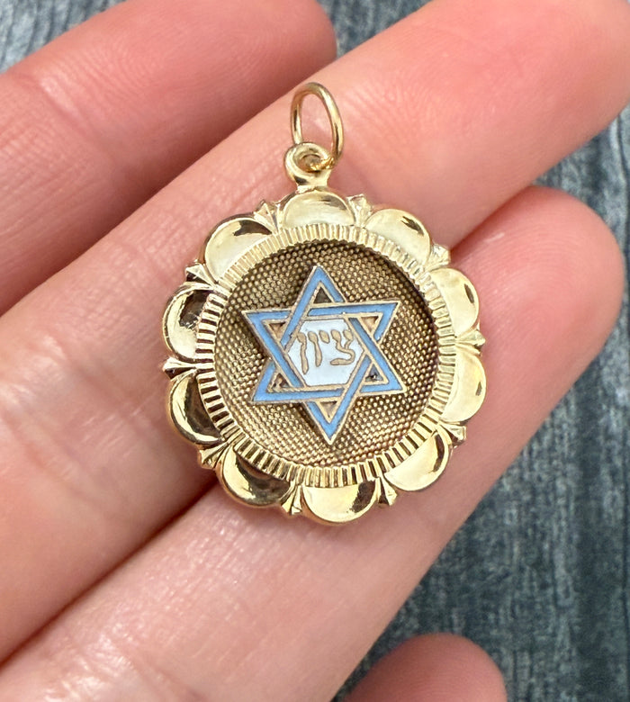 Vintage Enamel and 14K Gold Star of David Charm