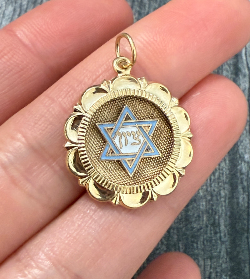 Vintage Enamel and 14K Gold Star of David Charm