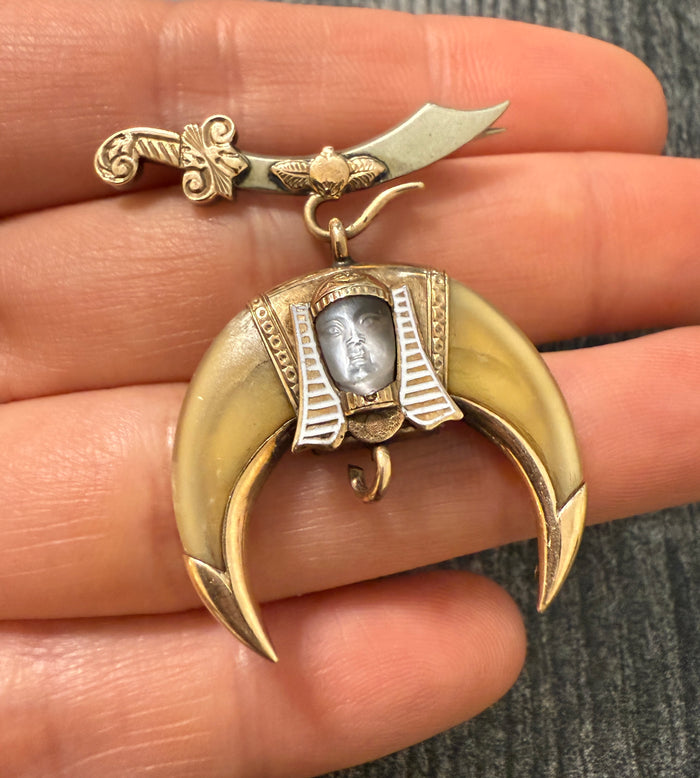 Antique Egyptian Revival Carved Moonstone Pharaoh and Claw Fob Brooch