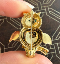 Vintage 18K Gold and Emerald Owl Pin