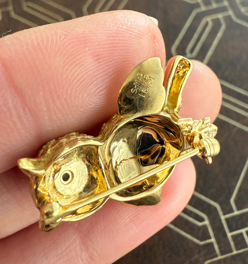 Vintage 18K Gold and Emerald Owl Pin