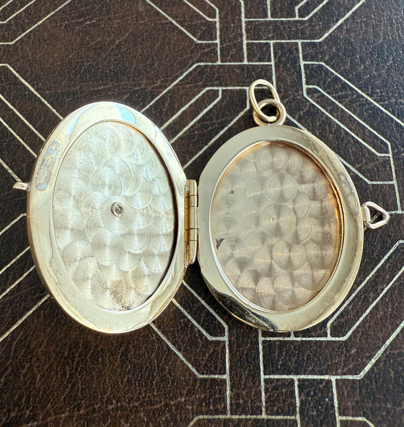 Vintage Engine Turned 14K Gold and Diamond Locket Pendant