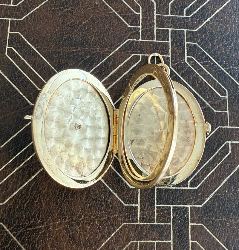 Vintage Engine Turned 14K Gold and Diamond Locket Pendant