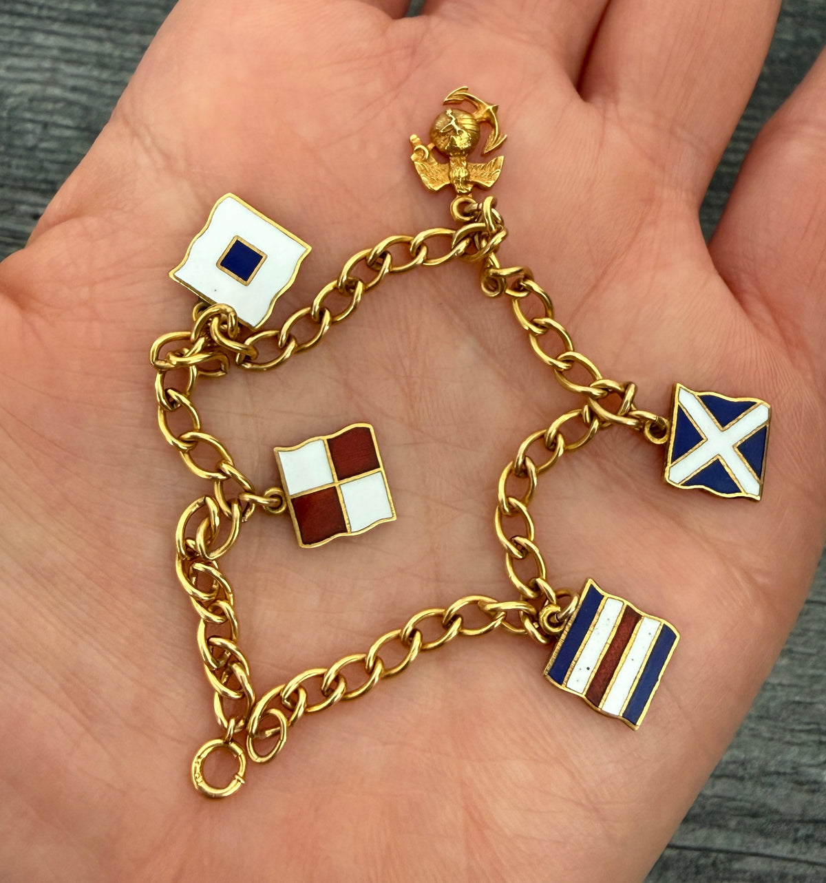 Vintage Enamel Maritime Flag Charm Bracelet in 10K Gold (S)