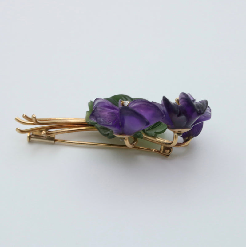Vintage Austrian Amethyst and Nephrite Jade Flower Brooch