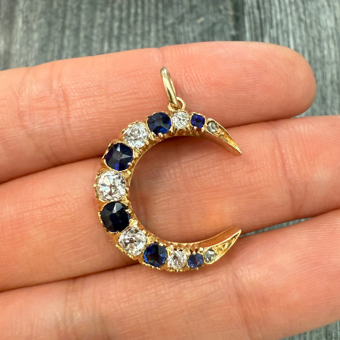Antique Sapphire and 1.05 Ct Diamond Crescent Pendant